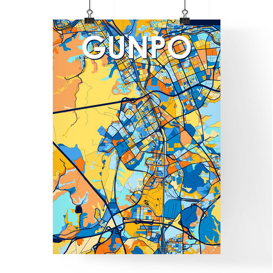GUNPO SOUTH KOREA Vibrant Colorful Art Map Poster Blue Orange