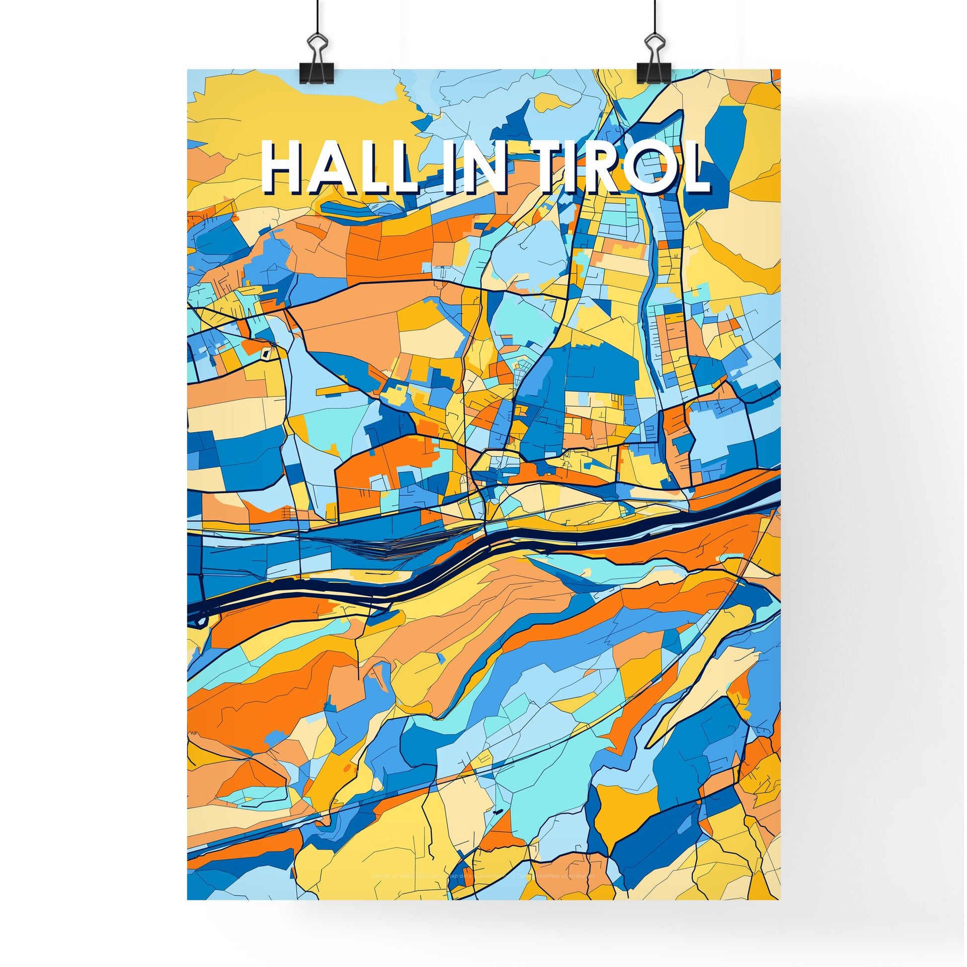 HALL IN TIROL AUSTRIA Vibrant Colorful Art Map Poster Blue Orange