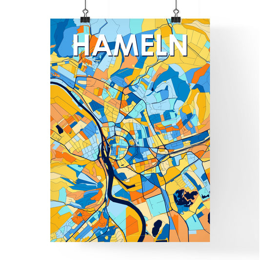 HAMELN GERMANY Vibrant Colorful Art Map Poster Blue Orange