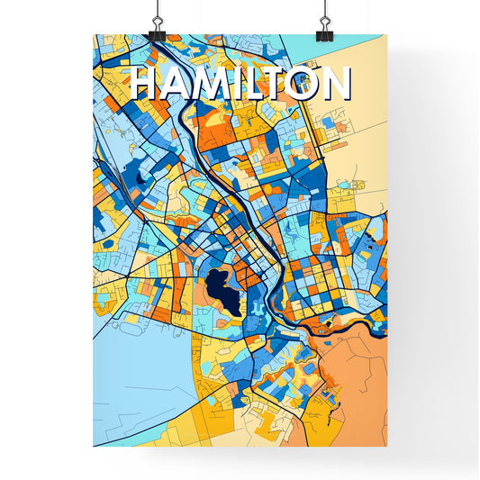 HAMILTON NEW ZEALAND Vibrant Colorful Art Map Poster Blue Orange