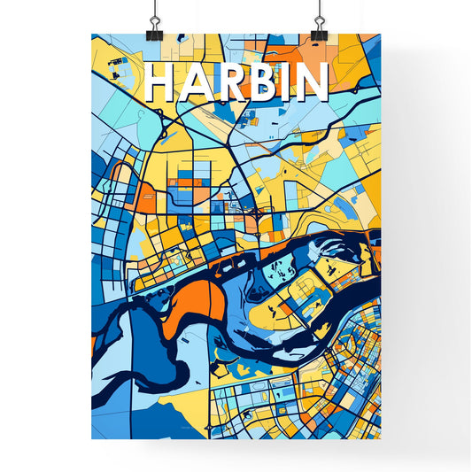 HARBIN CHINA Vibrant Colorful Art Map Poster Blue Orange