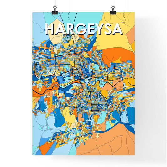 HARGEYSA SOMALIA Vibrant Colorful Art Map Poster Blue Orange