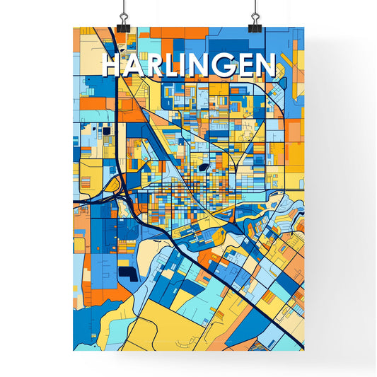HARLINGEN TEXAS Vibrant Colorful Art Map Poster Blue Orange