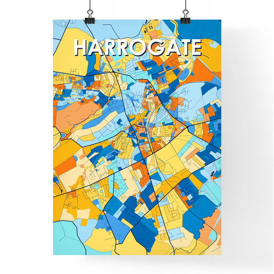 HARROGATE ENGLAND Vibrant Colorful Art Map Poster Blue Orange