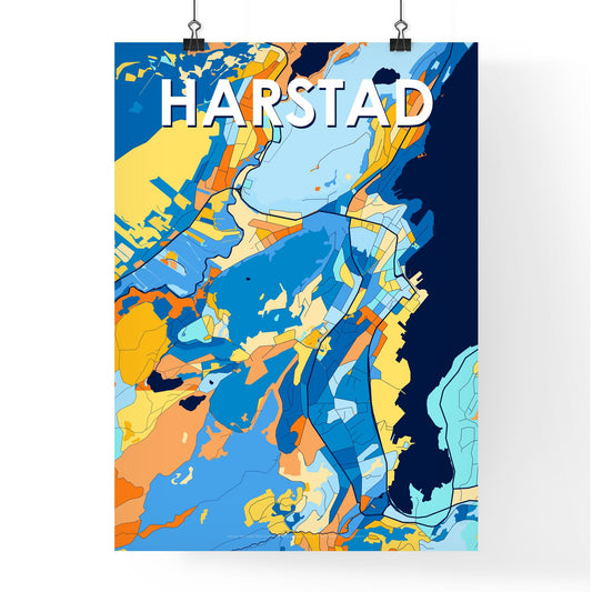HARSTAD NORWAY Vibrant Colorful Art Map Poster Blue Orange