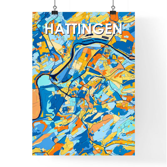 HATTINGEN GERMANY Vibrant Colorful Art Map Poster Blue Orange