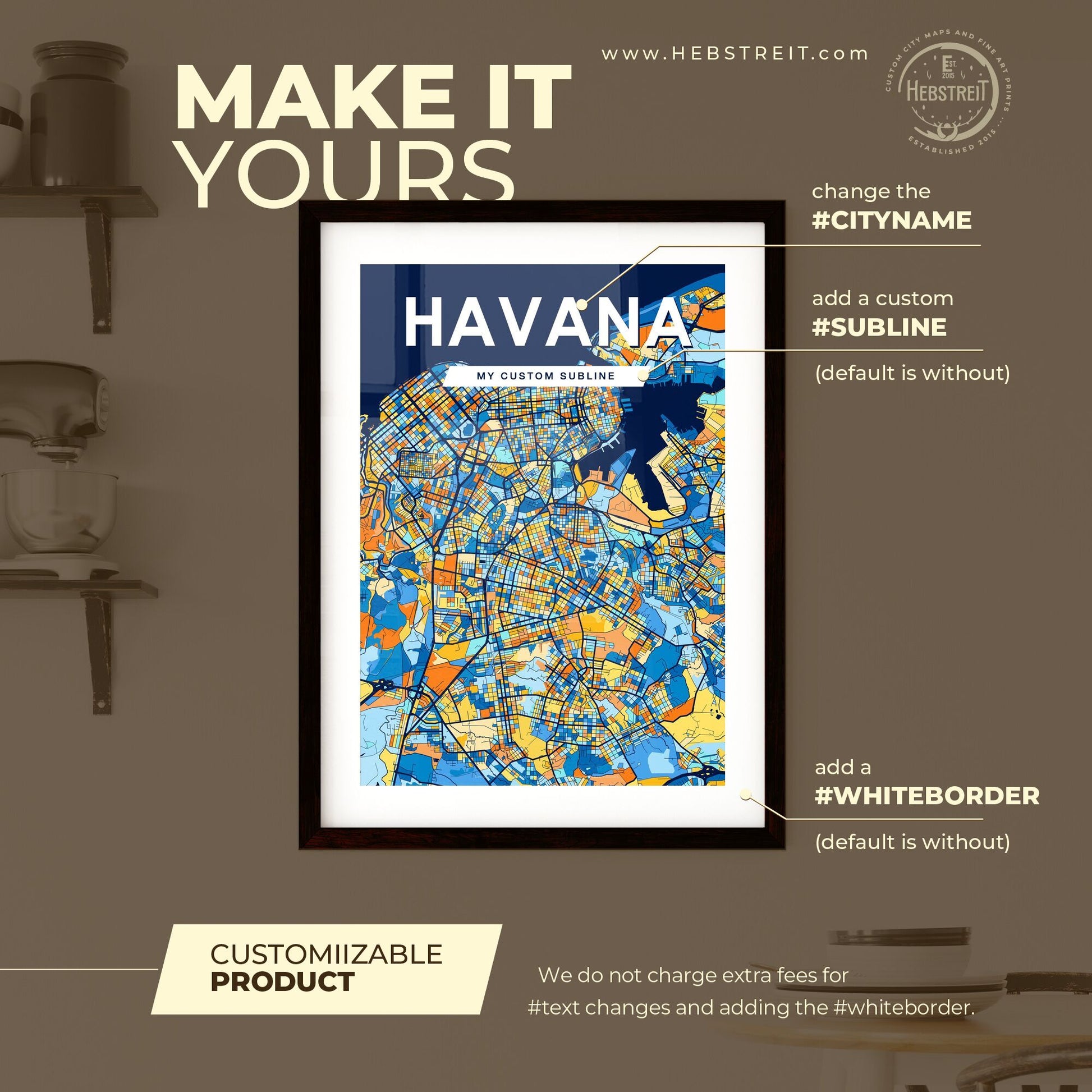 HAVANA CUBA Vibrant Colorful Art Map Poster Blue Orange