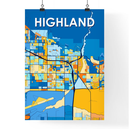 HIGHLAND CALIFORNIA Vibrant Colorful Art Map Poster Blue Orange