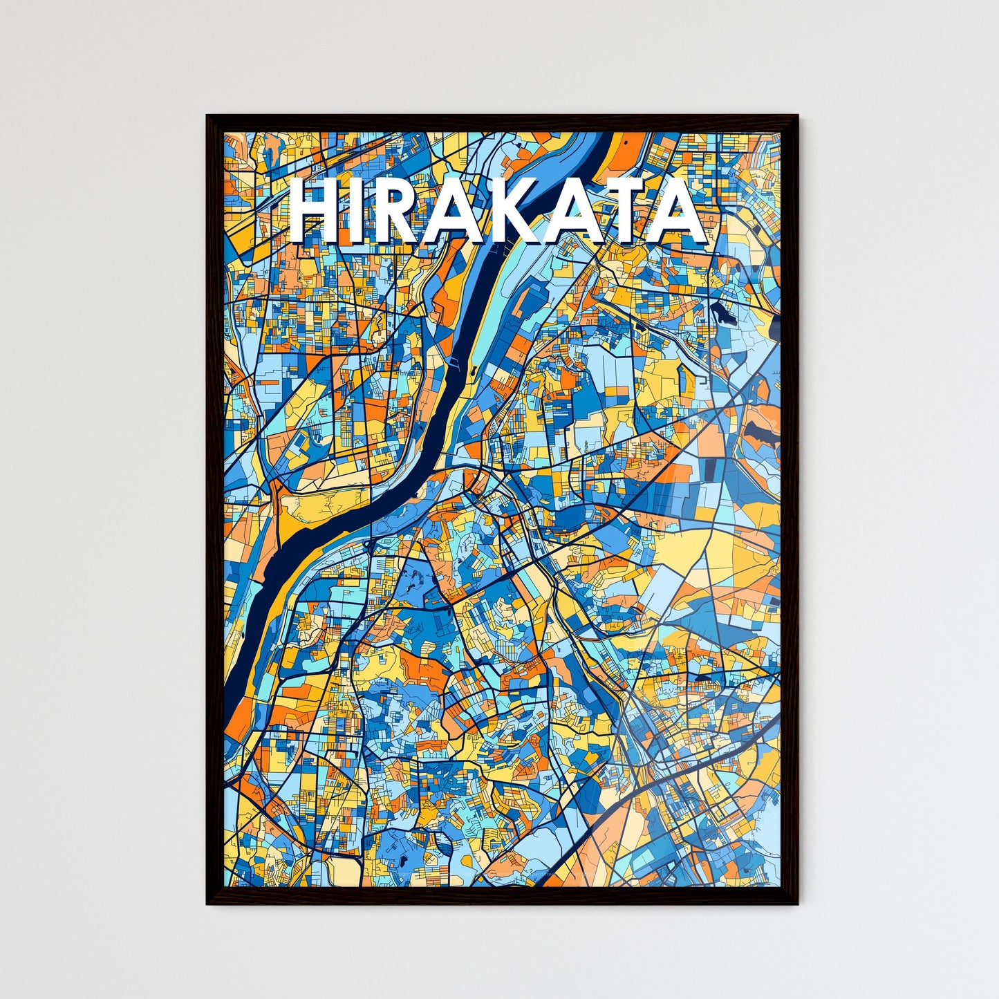 HIRAKATA JAPAN Vibrant Colorful Art Map Poster Blue Orange