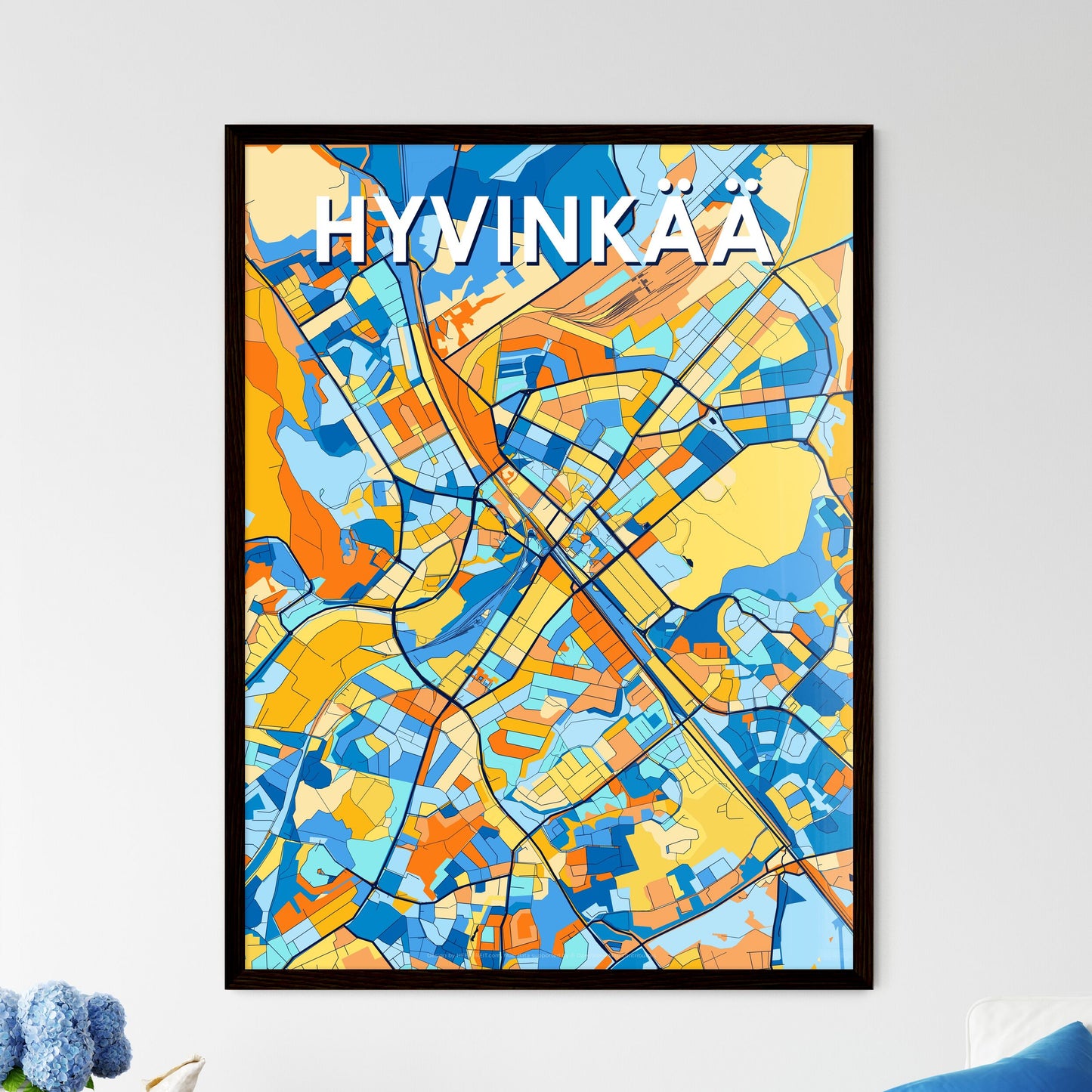 HYVINKÄÄ FINLAND Vibrant Colorful Art Map Poster Blue Orange