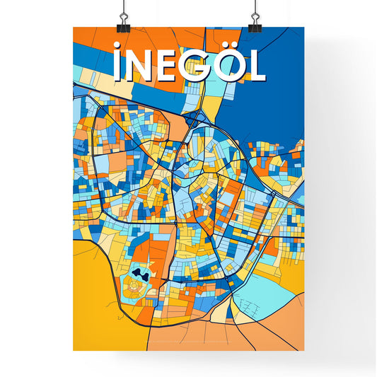 İNEGÖL TURKEY Vibrant Colorful Art Map Poster Blue Orange