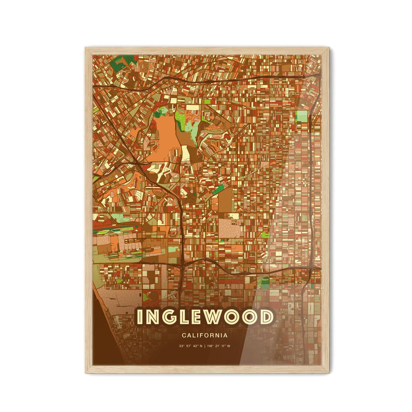 Colorful Inglewood California Fine Art Map Farmhouse