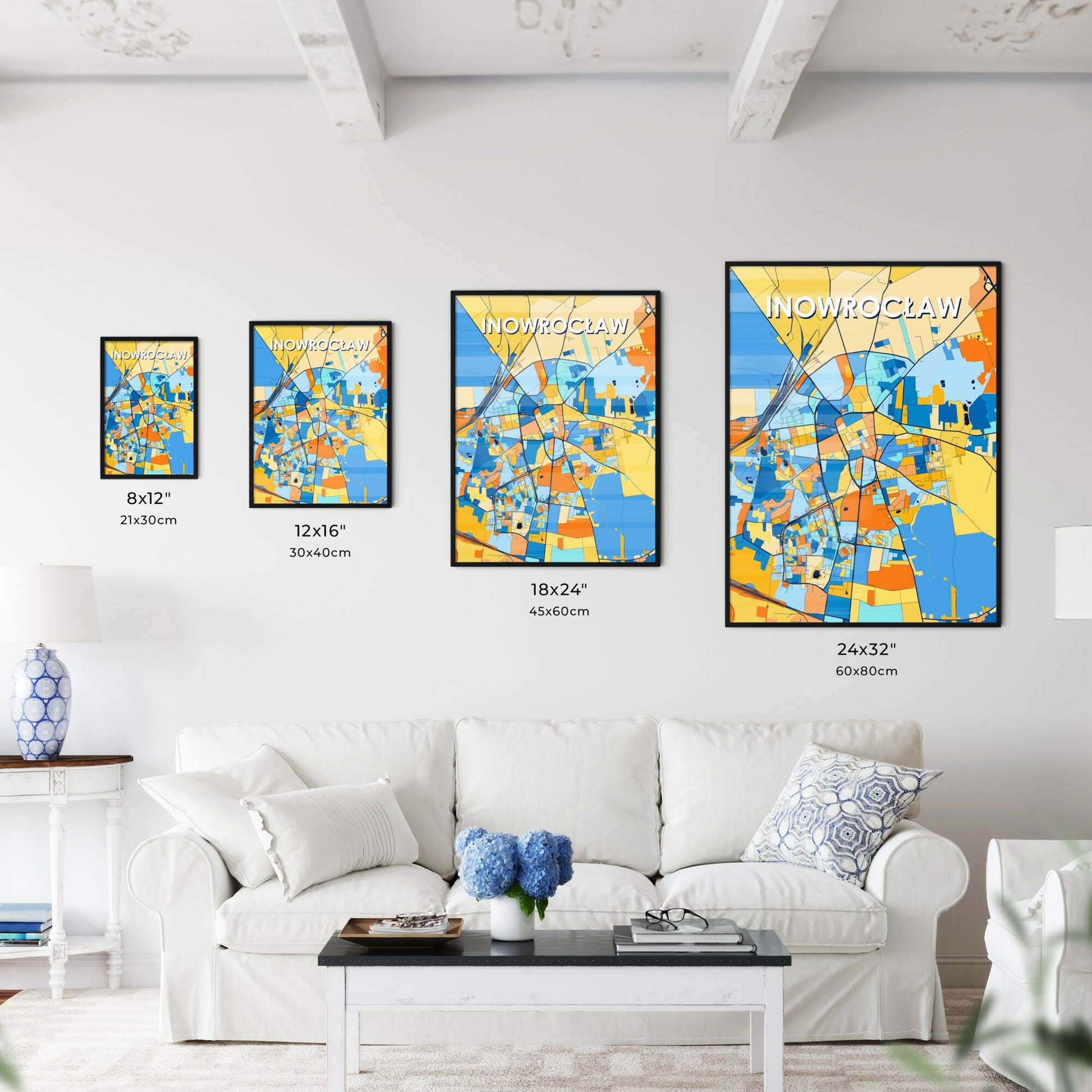 INOWROCŁAW POLAND Vibrant Colorful Art Map Poster Blue Orange