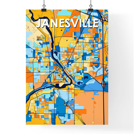 JANESVILLE WISCONSIN Vibrant Colorful Art Map Poster Blue Orange