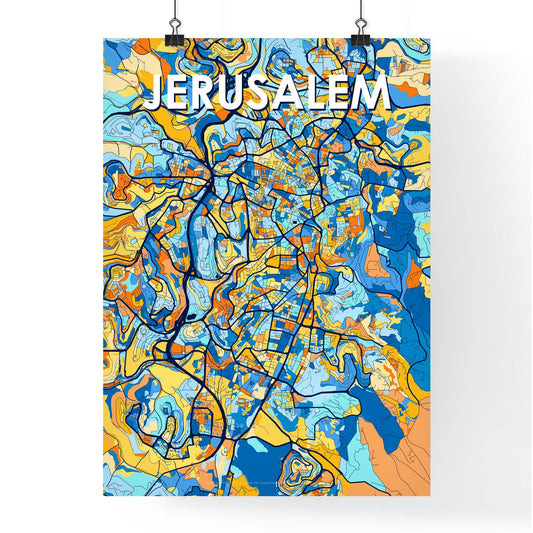 JERUSALEM ISRAEL Vibrant Colorful Art Map Poster Blue Orange