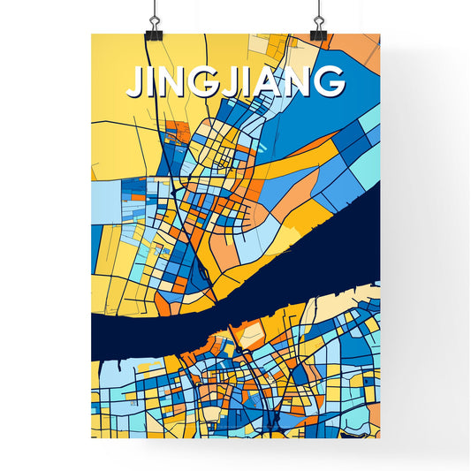 JINGJIANG CHINA Vibrant Colorful Art Map Poster Blue Orange