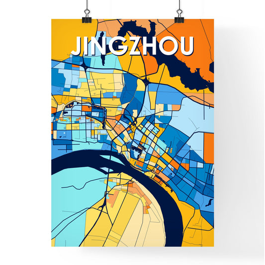 JINGZHOU CHINA Vibrant Colorful Art Map Poster Blue Orange