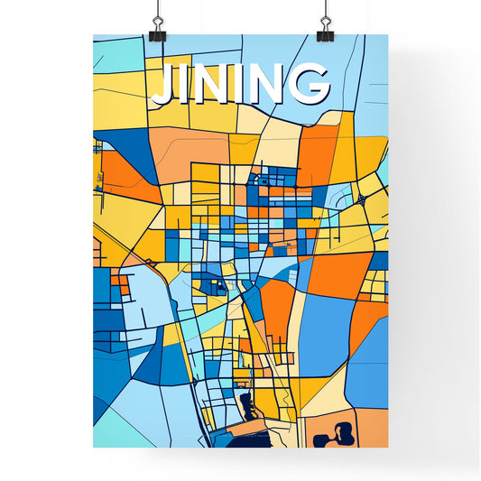 JINING CHINA Vibrant Colorful Art Map Poster Blue Orange