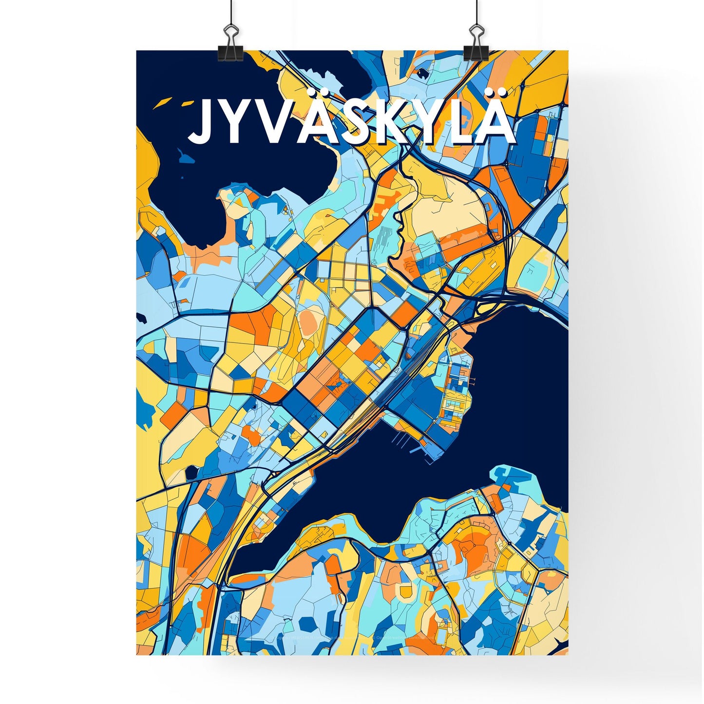 JYVÄSKYLÄ FINLAND Vibrant Colorful Art Map Poster Blue Orange