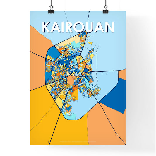 KAIROUAN TUNISIA Vibrant Colorful Art Map Poster Blue Orange
