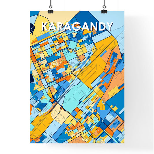 KARAGANDY KAZAKHSTAN Vibrant Colorful Art Map Poster Blue Orange