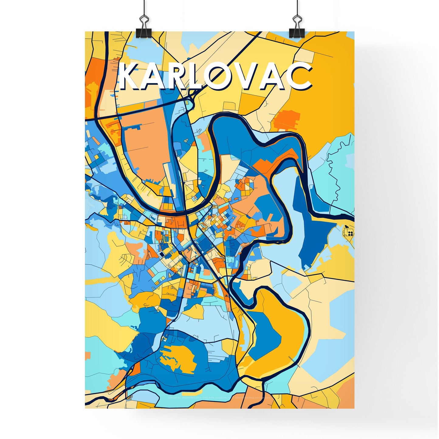 KARLOVAC CROATIA Vibrant Colorful Art Map Poster Blue Orange