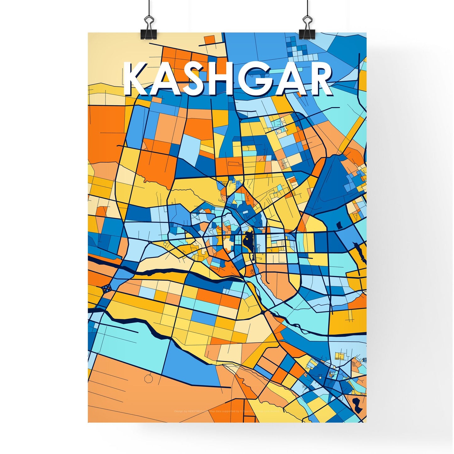 KASHGAR CHINA Vibrant Colorful Art Map Poster Blue Orange