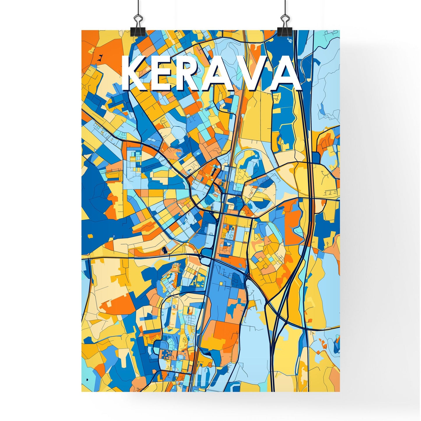 KERAVA FINLAND Vibrant Colorful Art Map Poster Blue Orange