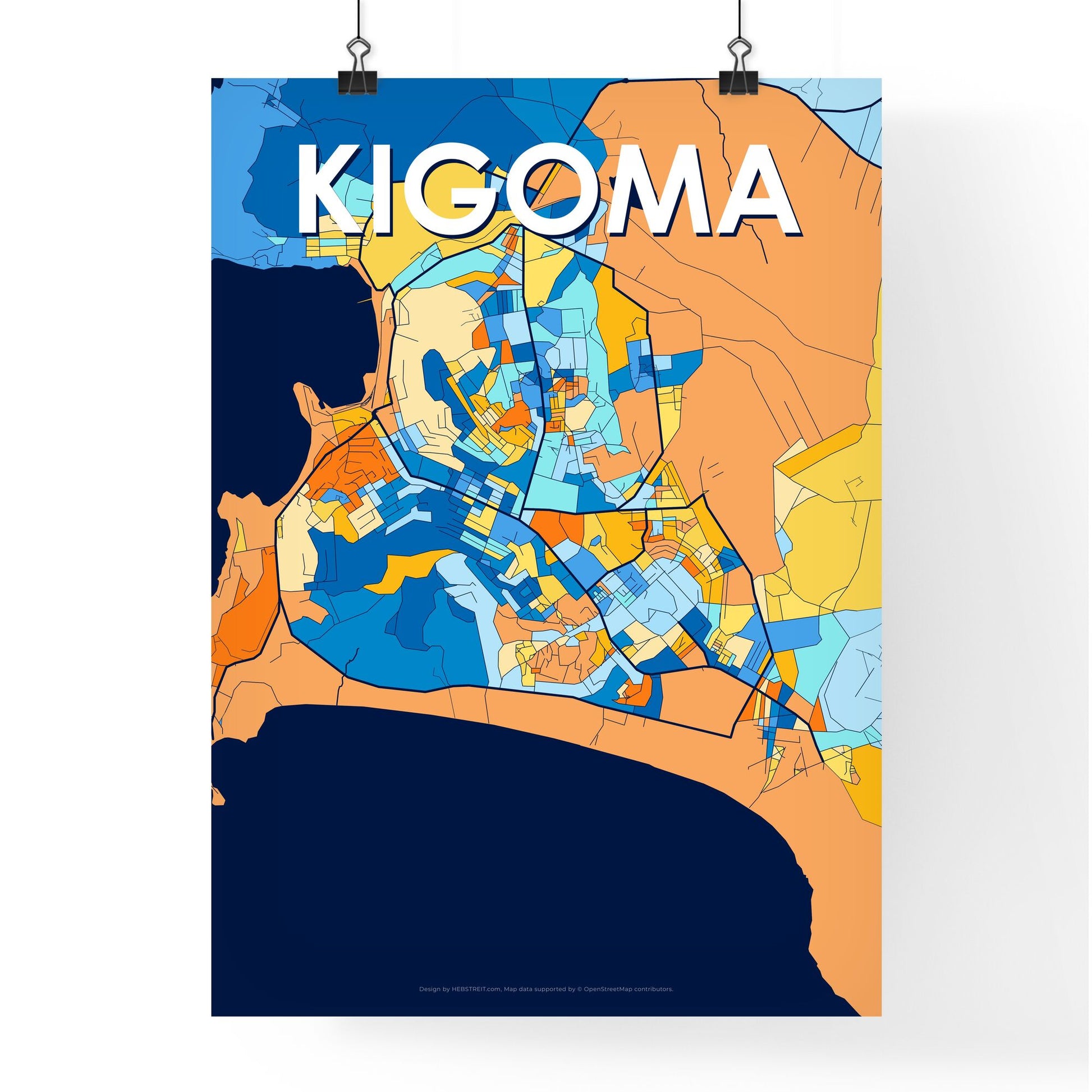 KIGOMA TANZANIA Vibrant Colorful Art Map Poster Blue Orange
