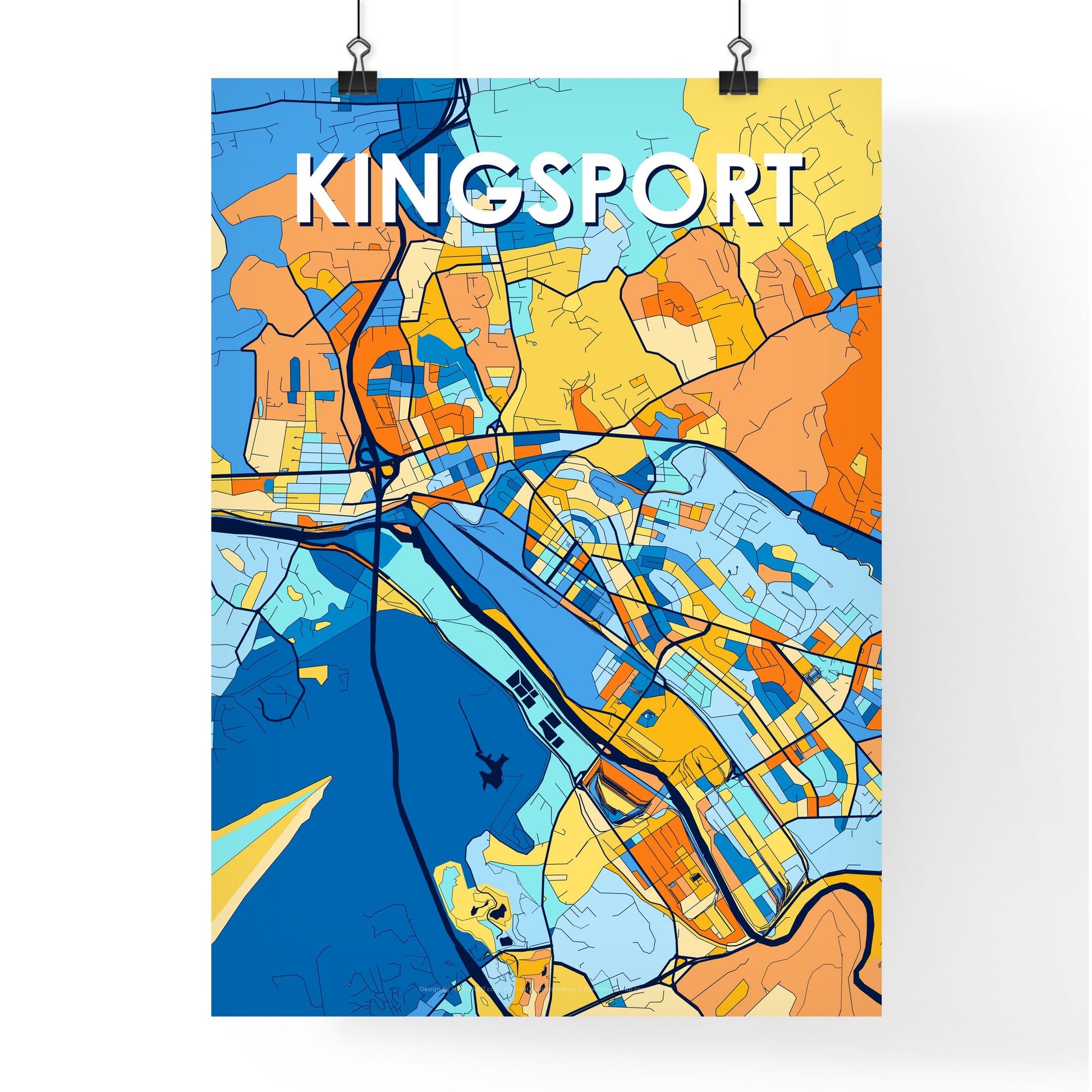 KINGSPORT TENNESSEE Vibrant Colorful Art Map Poster Blue Orange
