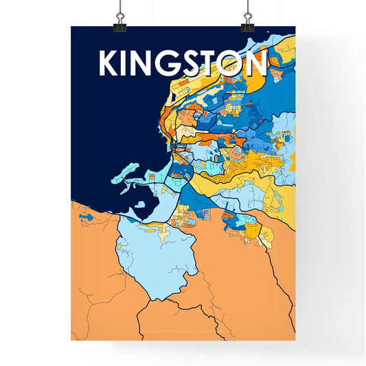 KINGSTON JAMAICA Vibrant Colorful Art Map Poster Blue Orange