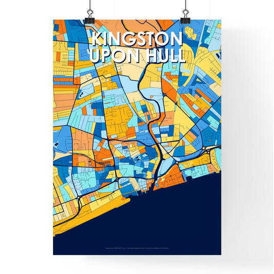 KINGSTON UPON HULL ENGLAND Vibrant Colorful Art Map Poster Blue Orange
