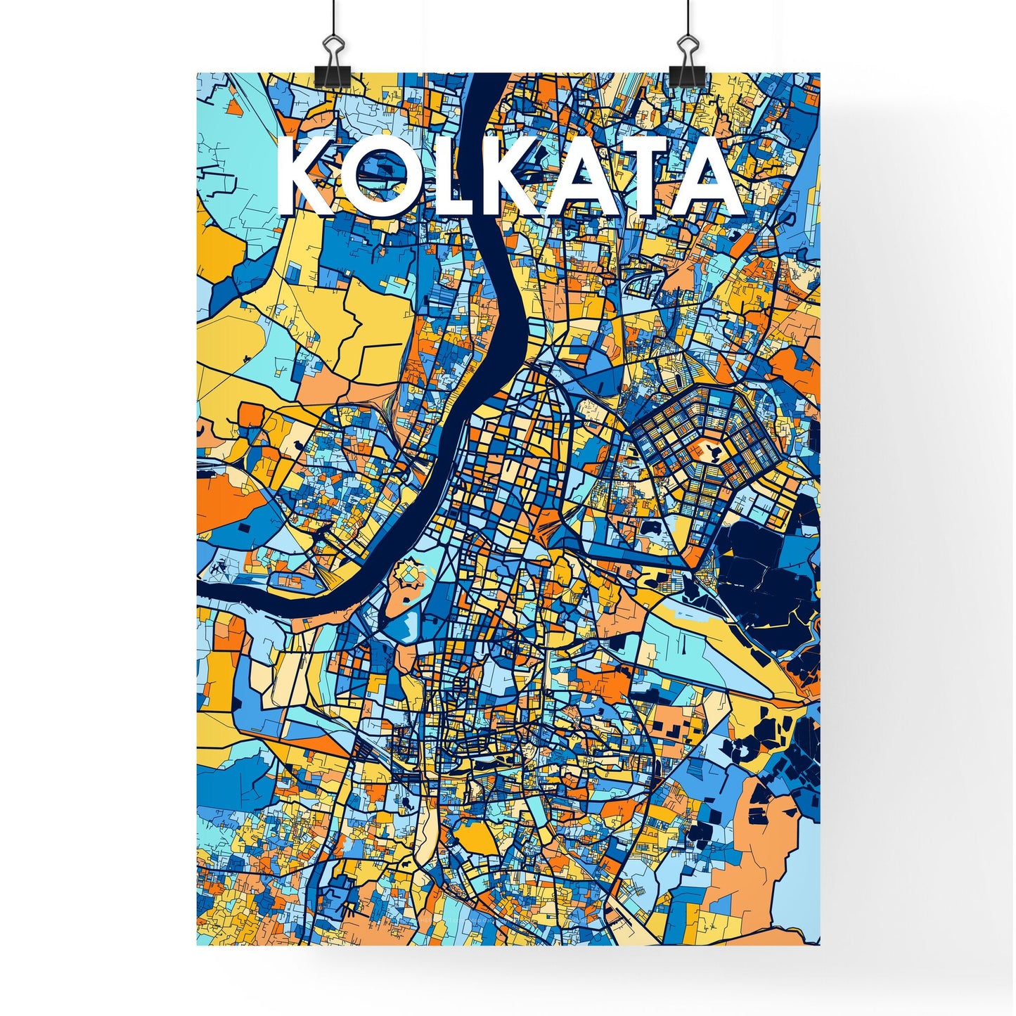 KOLKATA INDIA Vibrant Colorful Art Map Poster Blue Orange