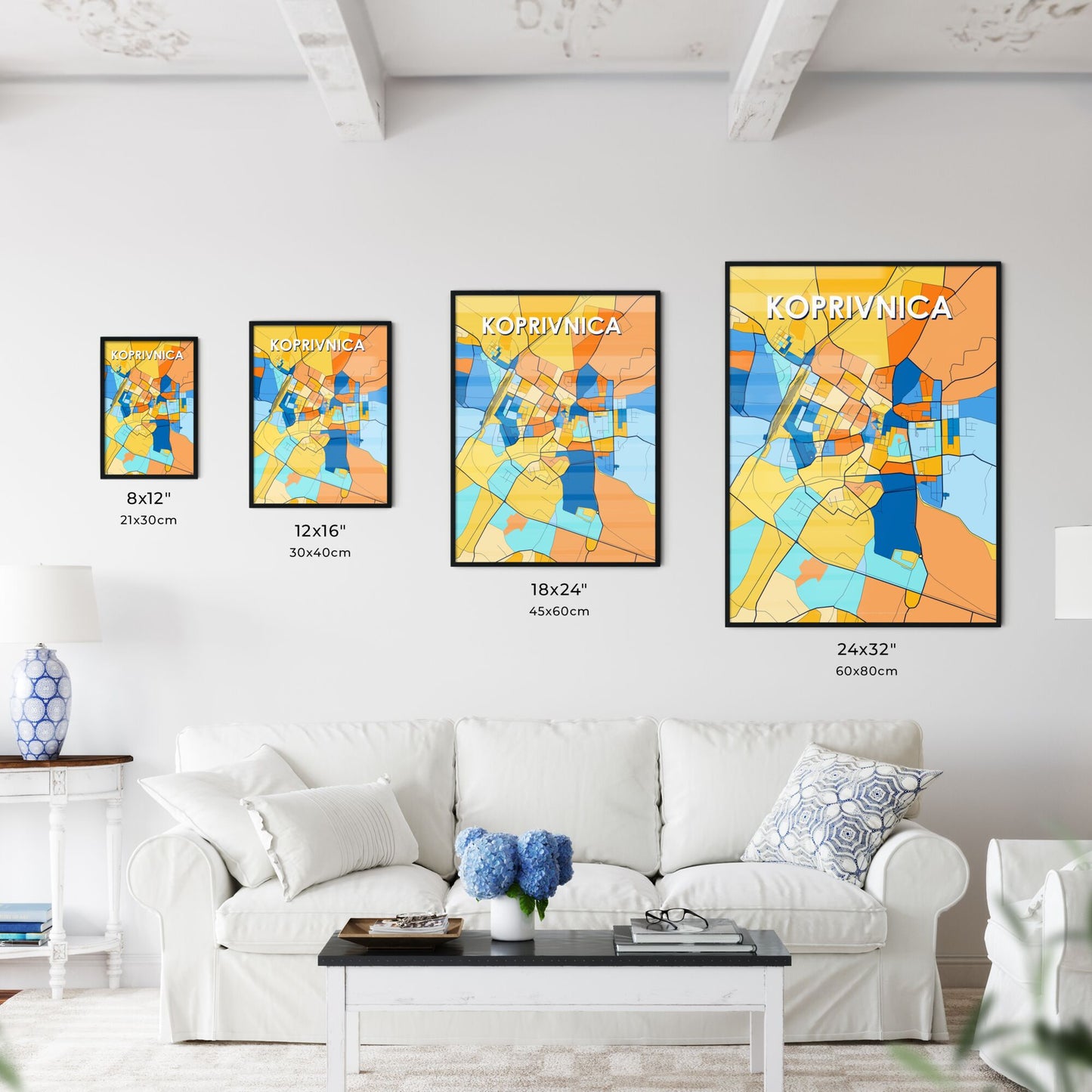 KOPRIVNICA CROATIA Vibrant Colorful Art Map Poster Blue Orange