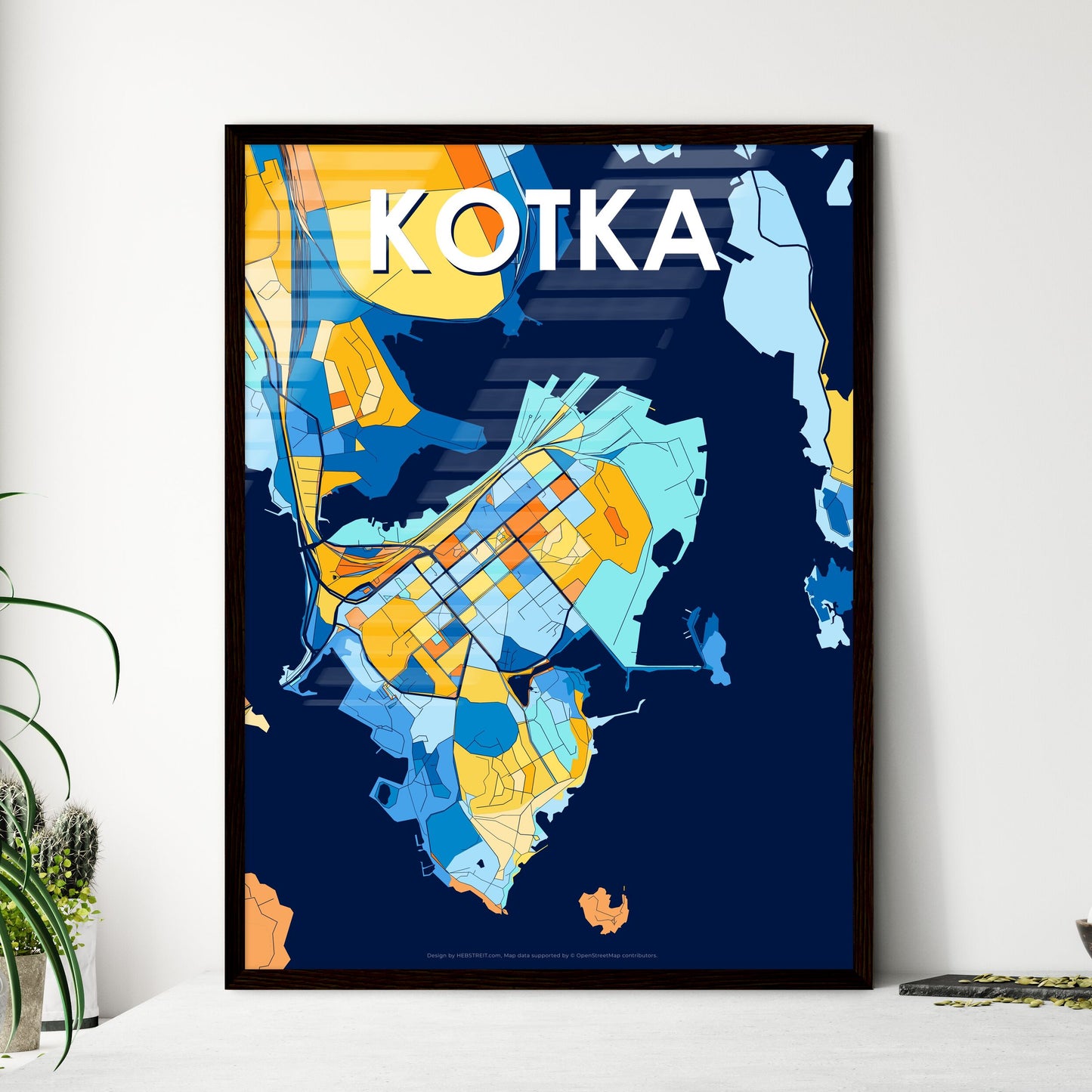 KOTKA FINLAND Vibrant Colorful Art Map Poster Blue Orange