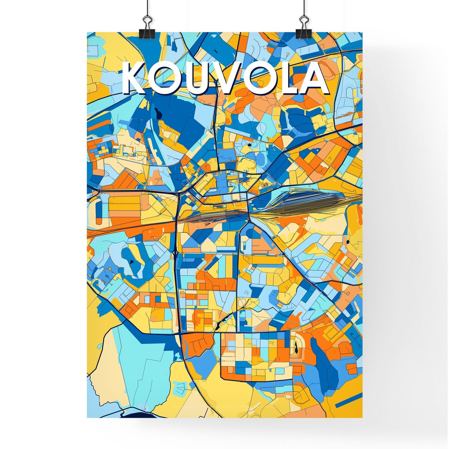 KOUVOLA FINLAND Vibrant Colorful Art Map Poster Blue Orange