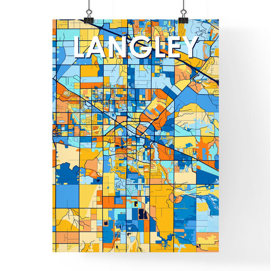 LANGLEY CANADA Vibrant Colorful Art Map Poster Blue Orange