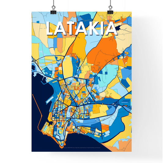 LATAKIA SYRIA Vibrant Colorful Art Map Poster Blue Orange