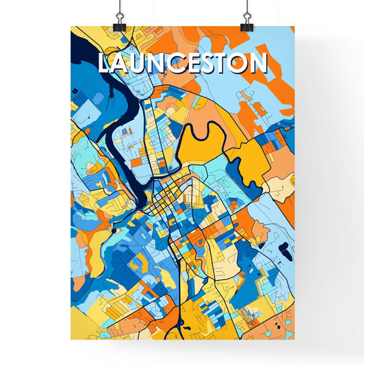 LAUNCESTON AUSTRALIA Vibrant Colorful Art Map Poster Blue Orange