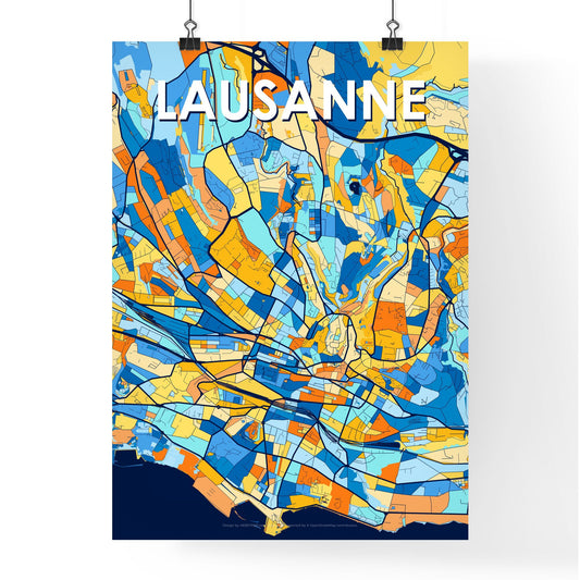 LAUSANNE SWITZERLAND Vibrant Colorful Art Map Poster Blue Orange
