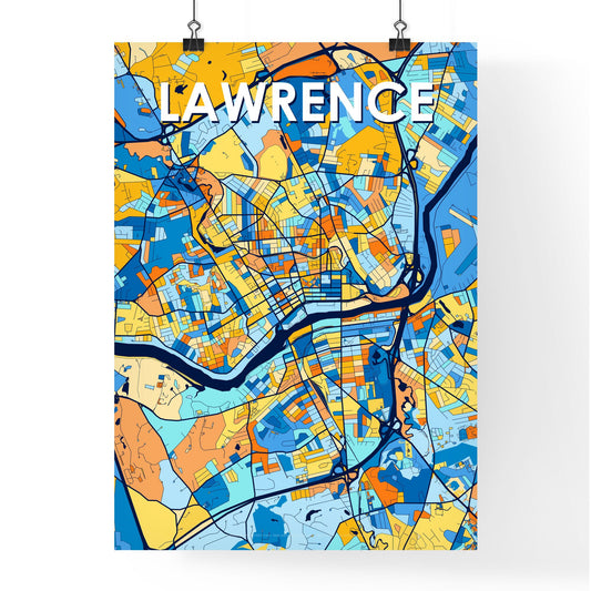 LAWRENCE MASSACHUSETTS Vibrant Colorful Art Map Poster Blue Orange