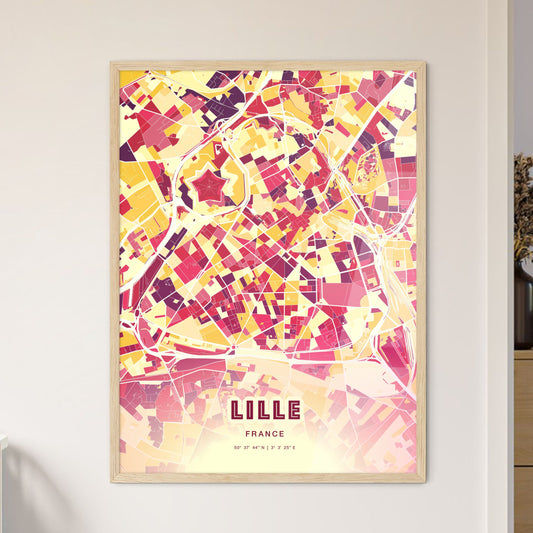Colorful Lille France Fine Art Map Hot Red