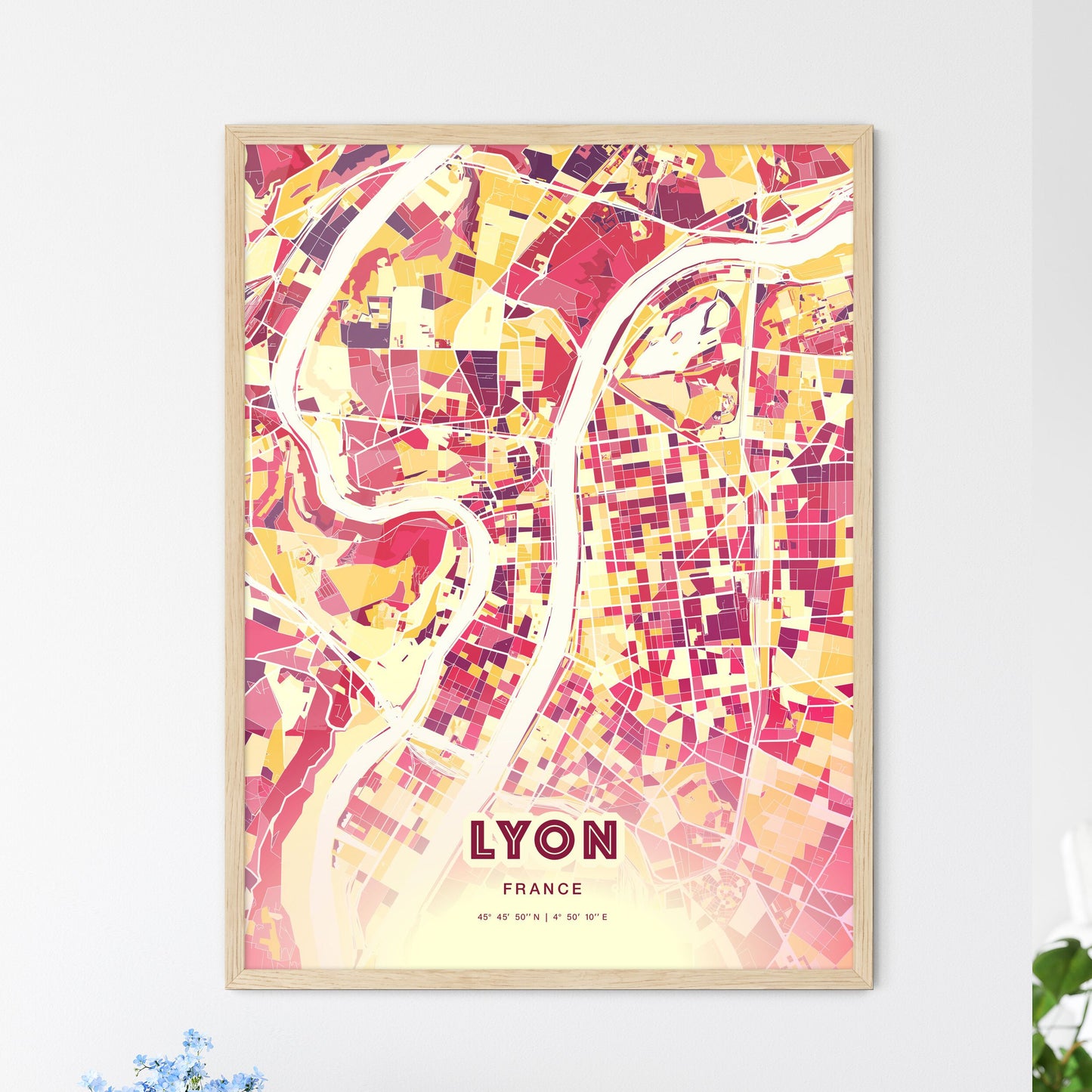 Colorful Lyon France Fine Art Map Hot Red