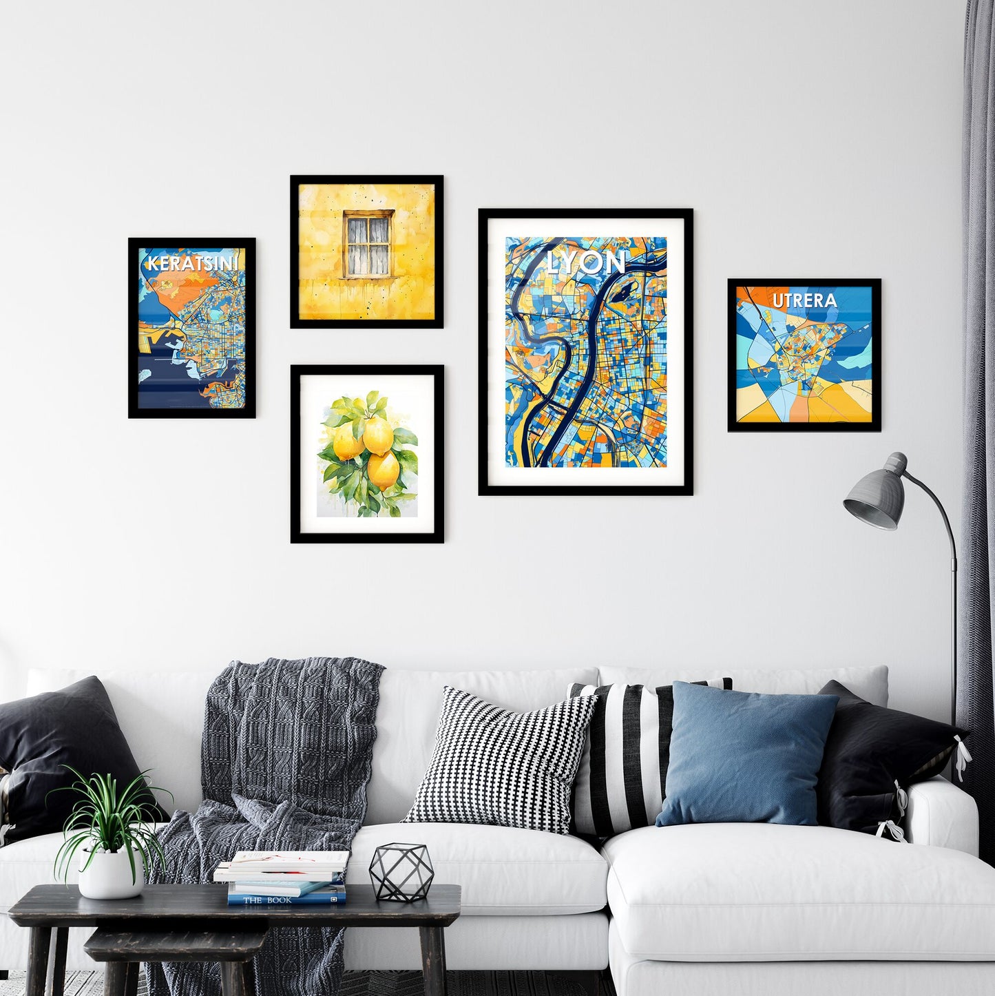 LYON FRANCE Vibrant Colorful Art Map Poster Blue Orange