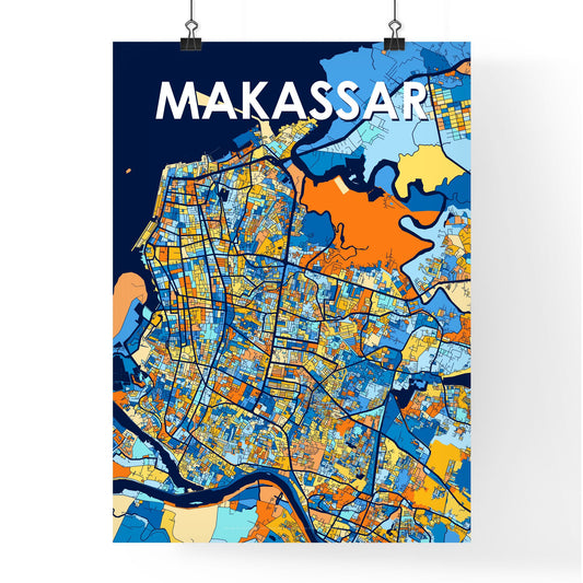 MAKASSAR INDONESIA Vibrant Colorful Art Map Poster Blue Orange