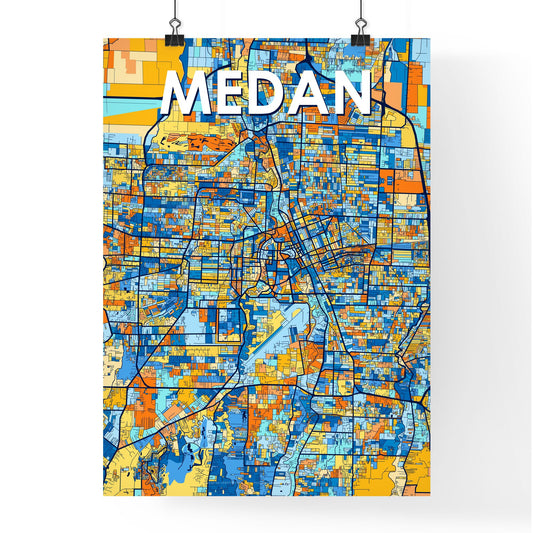MEDAN INDONESIA Vibrant Colorful Art Map Poster Blue Orange