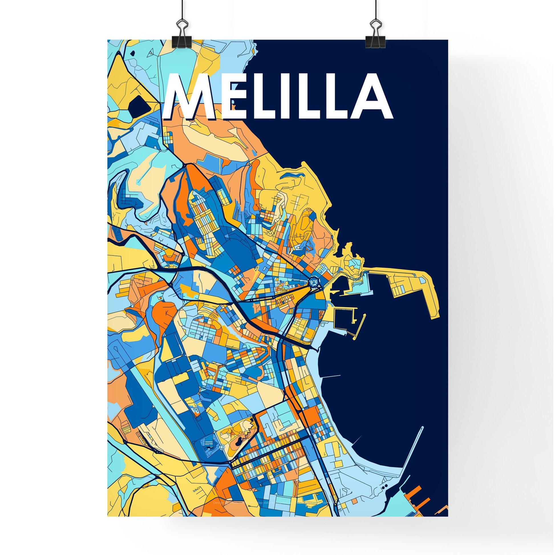 MELILLA SPAIN Vibrant Colorful Art Map Poster Blue Orange