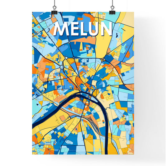 MELUN FRANCE Vibrant Colorful Art Map Poster Blue Orange