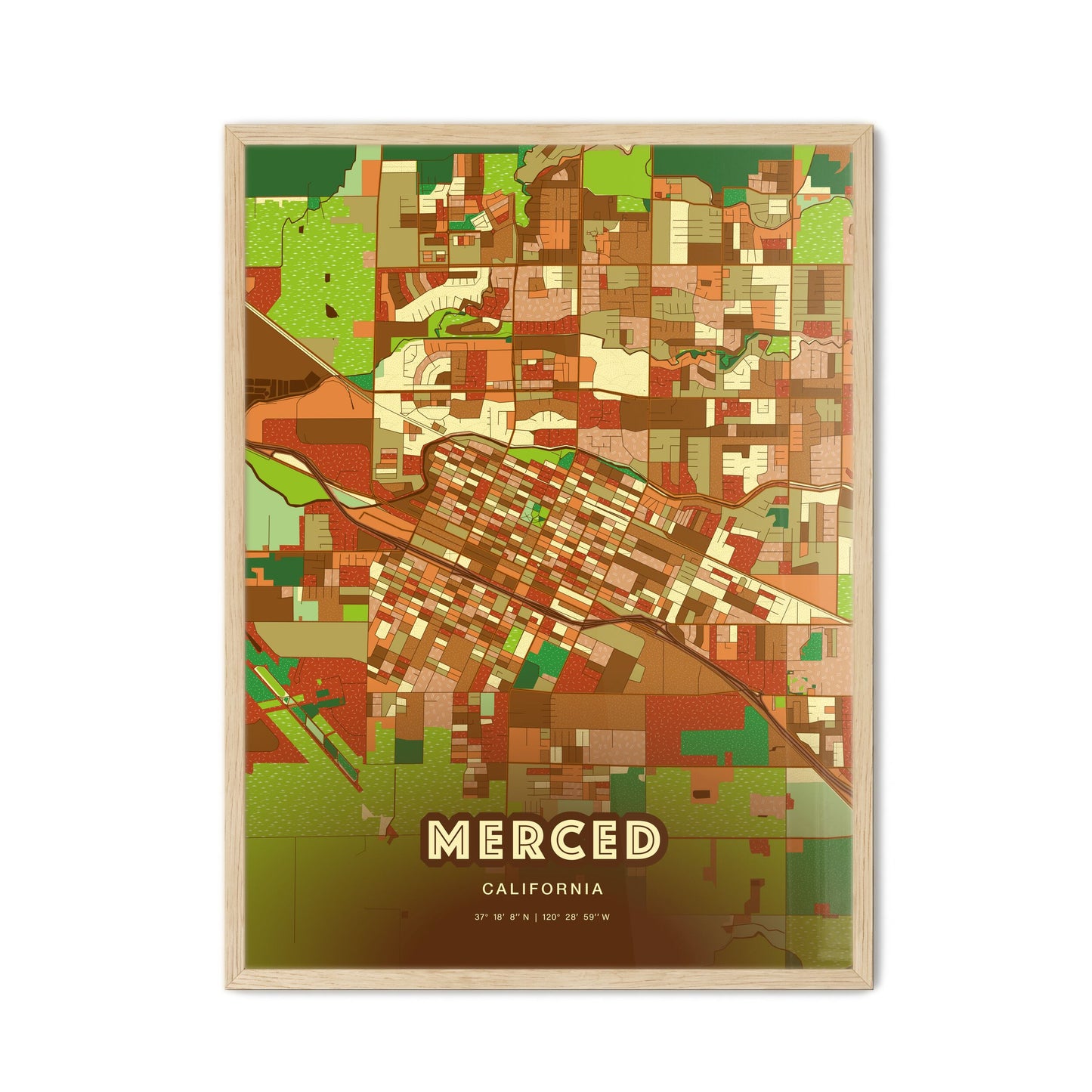 Colorful Merced California Fine Art Map Farmhouse