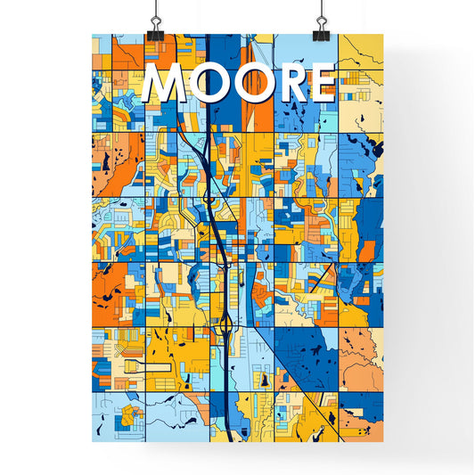 MOORE OKLAHOMA Vibrant Colorful Art Map Poster Blue Orange